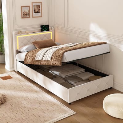 Eenpersoonsbed Gestoffeerd - Kistbed Fluweel - Slaapkamer Opbergen - Geïntegreerde LED USB - 90 x 200 cm - Gebroken Wit