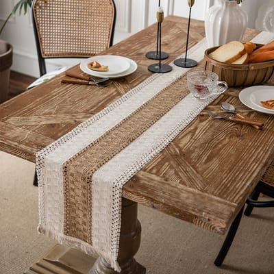 Ibenzoa® Boheemse linnen tafelloper met kwastjes voor stijlvolle tafeldecoratie