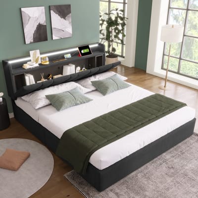 Wishdor Gestoffeerd Tweepersoonsbed 140x200 cm – Opberghoofdbord met Stopcontact en USB – App-gestuurde LED – Linnen – Grijs