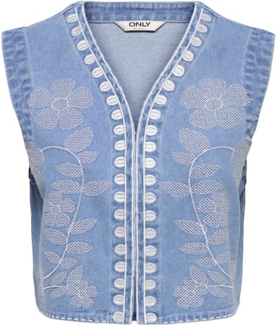Only blauwe dames vest   V-hals   Rinsewash wassing   Regular fit   Geborduurd   Haaksluiting   Mouwloos Blauw M