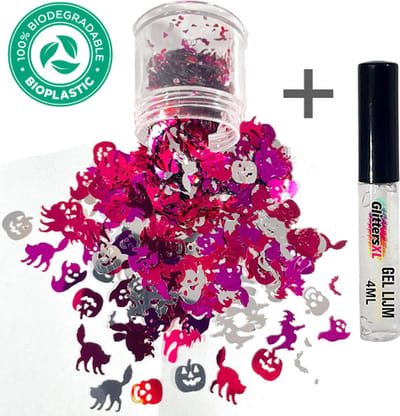 Halloween Chunky Glitters (Roze/Wit/Paars) + Glitter Huid Lijm [Volume 8g - Festival Jewels Glitter Outfit Lichaam en Gezicht - Make-up nep wond spin bloed masker halloween mastix - Kinderen Volwassenen Dames Heren Schmink Tattoo]