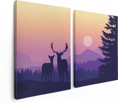 Artaza Canvas Schilderij Tweeluik Twee Herten - Zonsondergang - Silhouet - 120x80 - Foto Op Canvas - Canvas Print