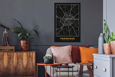 Muurstickers - Sticker Folie - Black & gold - Poperinge - Stadskaart - Plattegrond - Kaart - 60x90 cm - Plakfolie - Muurstickers Kinderkamer - Zelfklevend Behang - Zelfklevend behangpapier - Stickerfolie