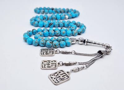 Handgemaakte tesbih natuursteen "Turkoois bakeliet" - Aantal kralen 99 - Diameter kralen 8MM - met metaal tassel "Subhan Allah" - Een mooi cadeau-idee