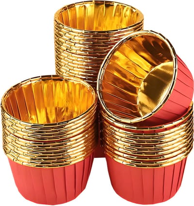 Muffinvormpjes 50 stuks – Rood & Goud 40×50 mm – Papieren-Aluminium Bakvormpjes voor Cupcakes en Desserts