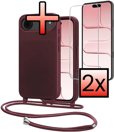 Hoes Geschikt voor iPhone Air Met Telefoonkoord Met 2x Screenprotector - Siliconen Hoesje Backcover Met Ketting - Aubergine