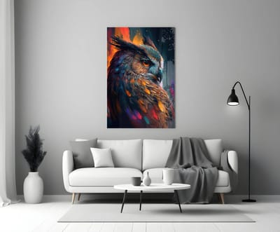 Glasschilderij – Kleurrijke Uil – Dieren Kunst – Moderne Wanddecoratie - 72x46 cm
