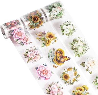 Washi Tape PET, decoratieve transparante tape met bloemen, scrapbooking stickers, transparant plakband voor projectboek, geschenkverpakking, 3 stuks
