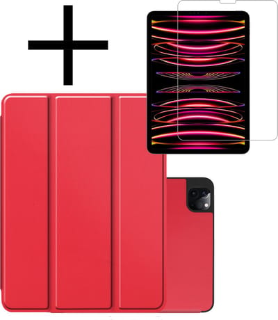 Hoes - Geschikt voor Apple iPad Pro (2022) - 12.9 inch - Met Screenprotector - Trifold Bookcase - Hard Cover Case - Met Uitsparing Geschikt voor Apple Pencil - Hardcover Book - Tablet Hoesje - Rood