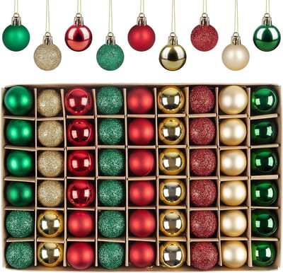 Kerstballen Set van 54 Stuks - Mini Versieringen met Touwtjes, 30mm Schitterende en Schokbestendige Decoraties voor de Kerstboom (Rood, Groen, Goud)
