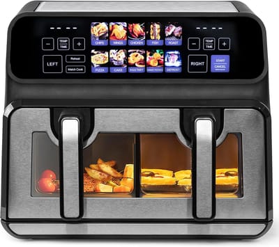 Heteluchtfriteuse XXL - Dubbele Kamer - Gezond Koken - Twee Manden - 10 Liter - Zwart
