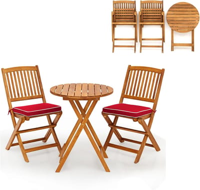 KOMFOTTEU 3-delige Bistroset inklapbaar - Balkonmeubel hout - Tuinmeubelset met 1 tafel en 2 stoelen met 2 kussens - balkonset zitgroep - voor balkon, tuin
