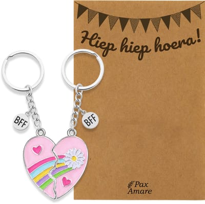 BFF Sleutelhanger voor 2 'Hiep Hiep Hoera' - Roze Hartje met Bloem - Sleutelhanger set op Cadeau Kaartje - Zilverkleurig - Verjaardags Hanger - Pax Amare