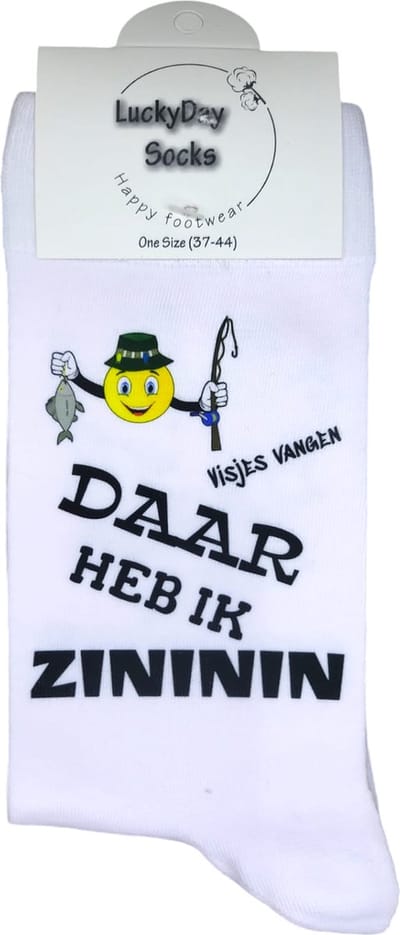 Zininin - Vissen Sokken - Visjes vangen - Visserij - Hengel - Verjaardags cadeau vrouw en man - Valentijns cadeau - Witte sokken met tekst - grappige sokken - leuke dames en heren sokken - moederdag - vaderdag