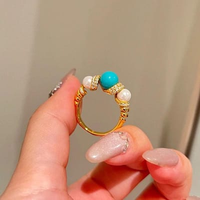 Bagues Vintage à Remontage Rotatives Perle Turquoise pour Femmes Incrustation Diamant Luxe Léger Rétro Bague Tendance Bijou de Couple Cadeau 7