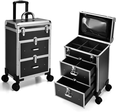 Seth Select Professionele Make-up Trolley – Grote Cosmetische Koffer met Wielen, Laden, Sloten en Opbergruimte voor Visagie en Cosmetica - Zwart