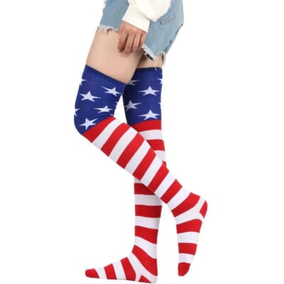 Dames Kniekousen Amerikaanse Vlag Kousen Sok Sterren en Strepen Over Witte Sok Dijhoge Kous One Size blue