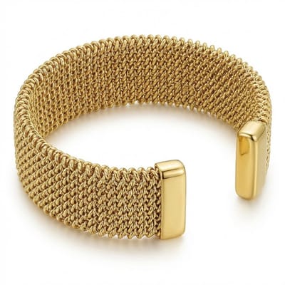 Goudkleurige brede open bangle armband voor dames met fijn geweven mesh structuur – stevige dames armband