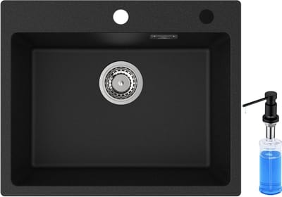 Auralum max Graniet spoelbak 55x45 cm - Enkele Spoelbak Keuken Met Zeepdispenser 300ML - Onderbouw Spoelbak Zwart - Spoelbak met overloop en Afvoer - Voor 60 cm kast