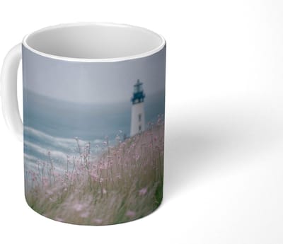 Mok - Koffiemok - Vuurtoren - Klif - Zee - Bloemen - Mokken - 350 ML - Beker - Koffiemokken - Theemok