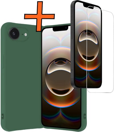 Hoes - Met Screenprotector - Geschikt voor Apple iPhone 16e - Sterk & Shockproof - Back Cover - Siliconen Case - Telefoon Hoes - Donkergroen