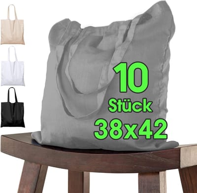 Famanu - Katoenen tassen (10 stuks in 38x42) ORIGINELE ÖKO-TEX® geteste merktas, lange hengsels, jute tassen, jute stoffen tassen, boodschappentas, stoffen tassen gemaakt van 100% katoen