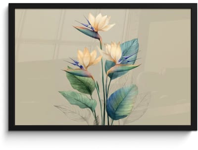 Poster in lijst - Fotolijst 60x40 cm - Posters - Paradijsvogelbloemen - Blauwgroene bladeren - Beige - Posterlijst zwart - Decoratie - Wanddecoratie woonkamer - Muurdecoratie slaapkamer