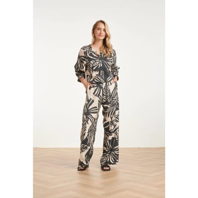 Smashed Lemon Wide leg pantalon met tropische blad print in zwart en ecru |