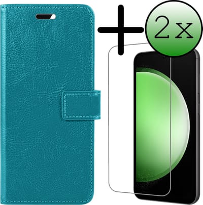 Hoesje Met 2x Screenprotector - Geschikt voor Samsung Galaxy S23 FE - Luxe Pasjeshouder - Bookcase Portemonee - Flip Case - Kunstleer Book Case - Flipcase Hoes - Book Cover - Walletcase - Portemonneehoes - Turquoise