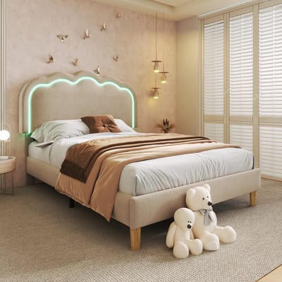 Wishdor Gestoffeerd LED Eenpersoonsbed 90x200 cm – Verstelbaar Hoofdbord met Sfeerverlichting – Linnen – Beige