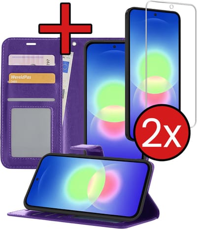 Hoesje - Met 2x Screenprotector - Geschikt voor Samsung Galaxy A27 - Luxe Pasjeshouder - Flip Case - Bookcase Portemonee - Kunstleer Book Case - Flipcase Hoes - Book Cover - Walletcase - Portemonneehoes - Telefoonhoes - Paars