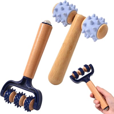 Houten massagerollers - Set van twee - Massager met handvat - Inclusief egelvormige massagebal - Massager voor het hele lichaam - Verlicht spierpijn - Bindweefselmassages - Ontspanning - Geschikt voor rug, benen, romp, nek, gezicht en armen