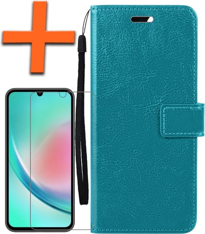 Hoes - Met Screenprotector - Geschikt voor Samsung Galaxy A34 - Luxe Pasjeshouder - Bookcase Portemonee - Flip Case - Kunstleer Book Case - Flipcase - Book Cover - Walletcase - PortemonneeHoes - Turquoise