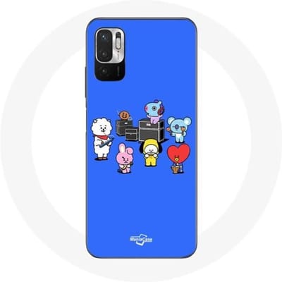 Coque pour Xiaomi Redmi Note 10 5G BTS BT21 Tata Chimmy Cooky Rj Koya Shooky Et Mang Jouent De la musique Fond Bleu