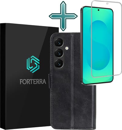 Hoesje Met Screenprotector - Geschikt voor Samsung Galaxy S25 FE - Luxe Pasjeshouder - Flipcase - Bookcase Portemonee - Flip Case - Kunstleer Book Case - Book Cover - Walletcase - Portemonneehoes - Zwart