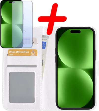 Hoesje Met Screenprotector - Geschikt voor Apple iPhone 15 - Luxe Pasjeshouder - Bookcase Portemonee - Flip Case - Kunstleer Book Case - Flipcase - Book Cover - Walletcase - Portemonneehoes - Wit