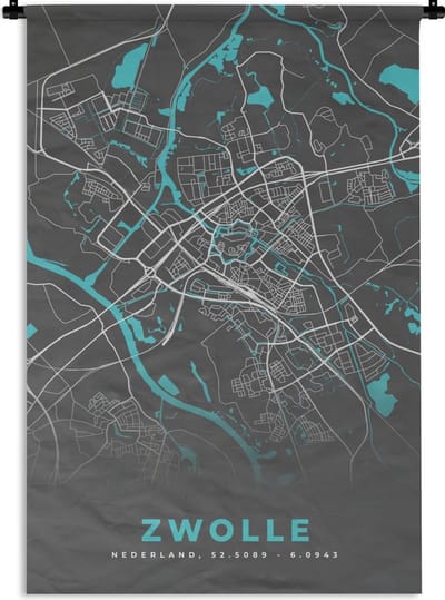Wandkleed - Wanddoek - Stadskaart - Zwolle - Grijs - Blauw - 90x135 cm - Wandtapijt - Plattegrond