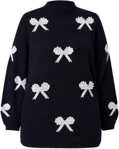 MIAMODA - Dames - Trui Regular Fit strikjes met sierkraaltjes - Zwart - Maat 46+