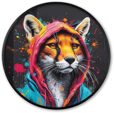 Poster in lijst Rond - Fotolijst 60x60 cm - Posters - Graffiti - Vos - Jas - Pop art - Dieren - Ronde posterlijst zwart - Decoratie - Wanddecoratie woonkamer - Muurdecoratie slaapkamer