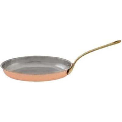 Ovale koperen en messing koekenpan kleine maat uitstekende warmtegeleider bruin