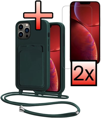 Hoes Geschikt voor iPhone 13 Pro Hoesje Pasjeshouder Cover Met Koord Case Siliconen Hoes Met Telefoonkoord en Kaarthouder Met 2x Screenprotector - Donkergroen