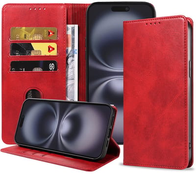 Smartphonica Telefoonhoesje Geschikt voor iPhone 16 Plus Kunstleer met Magnetische sluiting en Pasjeshouders Bookcase met Klepje - Rood geschikt voor iPhone 16 Plus