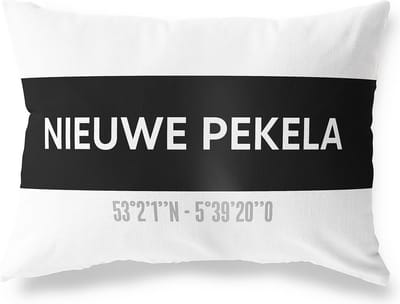 Tuinkussen NIEUWE PEKELA - GRONINGEN met coördinaten - Buitenkussen - Bootkussen - Weerbestendig - Jouw Plaats - Studio216 - Modern - Zwart-Wit - 50x30cm