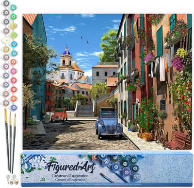 Figured'Art Schilderen op Nummer Volwassenen canvas Steegje en 2 CV - Handwerk acrylverf Kit DIY Compleet - 40x50cm zonder frame