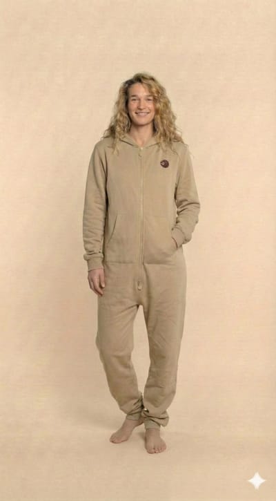 Dames Jogging Onesie | Van het bekende Nederlandse merk Knuffle® | Linda: "De allerbeste Onesie ooit gemaakt! Stijlvol, comfortabel en perfecte kwaliteit" | Gratis verzending | Handgemaakt in Portugal | In 4 kleuren; dit is maat L in de kleur Beige