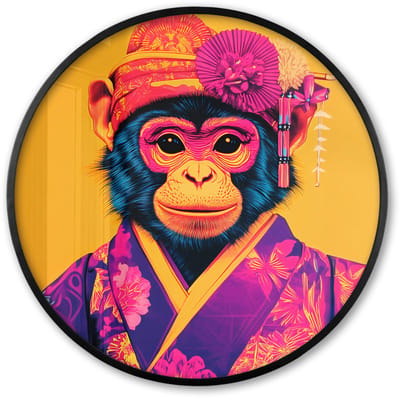 Poster in lijst Rond - Fotolijst 60x60 cm - Posters - Aap - Kimono - Bloemen - Hoofdtooi - Ronde posterlijst zwart - Decoratie - Wanddecoratie woonkamer - Muurdecoratie slaapkamer