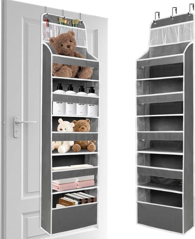 Famanu – Hangorganizer & Hangplanken Voor boven-de-deur – 5 Planken met 3 Gaasvakken, Deuropbergorganizer, Transparante Ramen, Versterkte Bevestiging – Ideale Opbergruimte Voor Slaapkamer en Badkamer