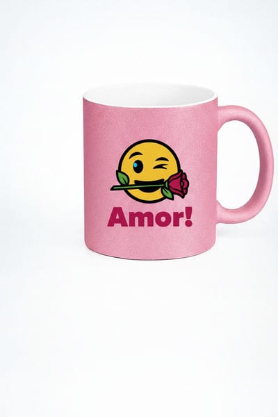 Roze Glitter Mok 'Amor!' met Winking Emoji en Roos | Romantische Cadeau Beker