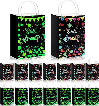 Glow-in-the-Dark Feesttassen, Zwart, Papier, 15x21x8cm, Retro 80s/90s Stijl, Perfect voor Verjaardagen en Feestjes, Verlicht in het Donker