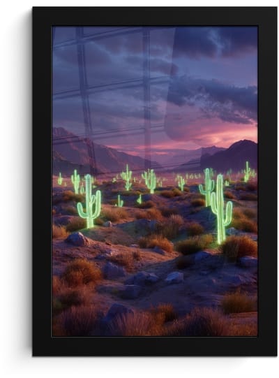 Poster in lijst - Fotolijst 20x30 cm - Posters - Neon cactussen - Woestijn - Zonsondergang - Posterlijst zwart - Decoratie - Wanddecoratie woonkamer - Muurdecoratie slaapkamer